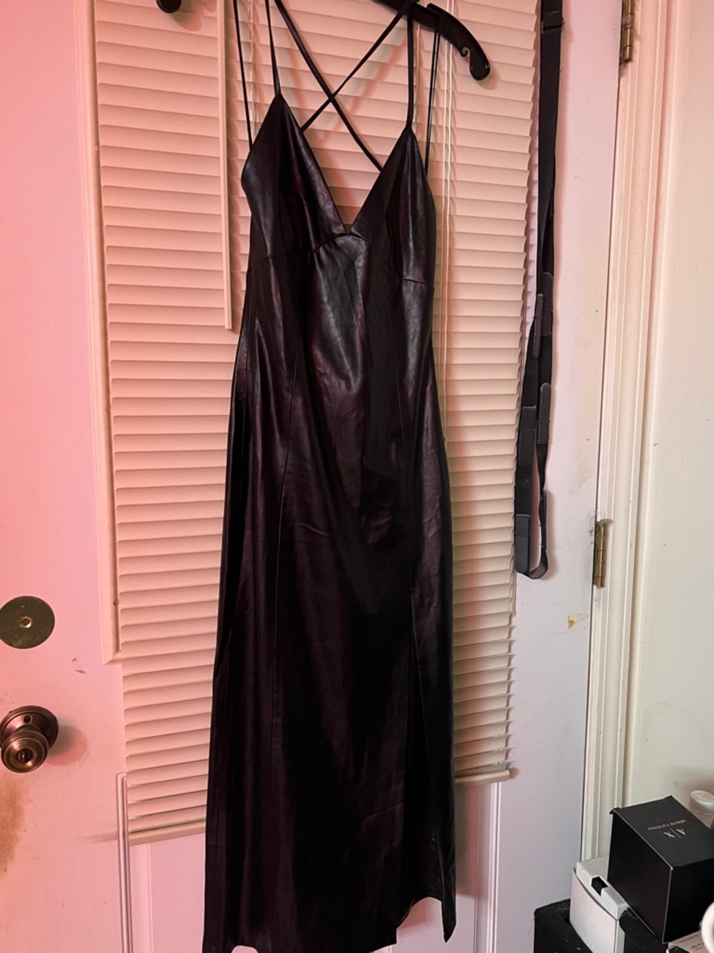 Zara Black Faux Leather Slip Dress with Cross-Strap Detail